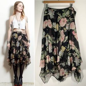 LAUREN RL Silk Floral Skirt Handkerchief Hem Y2K Dark Romantic Boho Grunge 22W